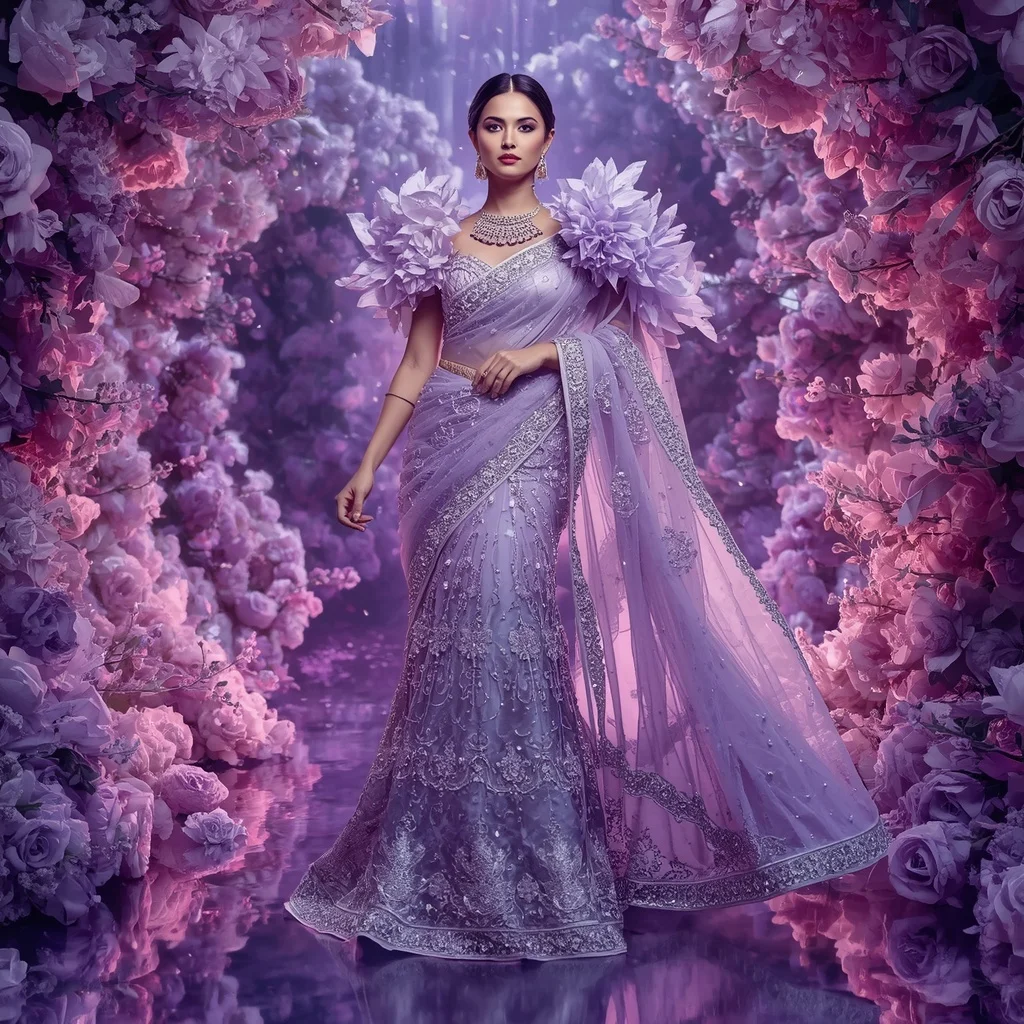 Giant Crystal Lavender Castle Saree with Blooming Royal Paradise | Fantasy Ai Prompt