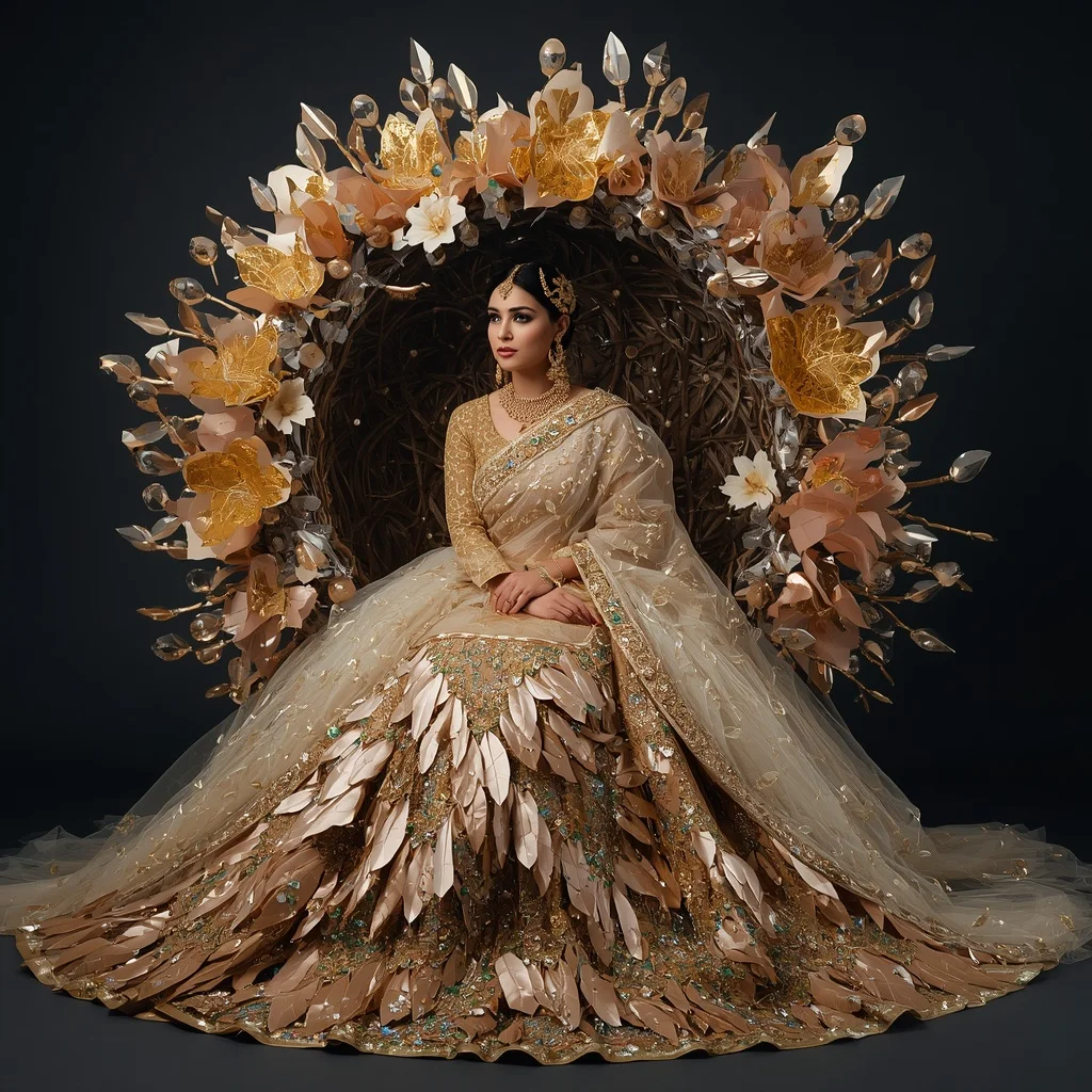 Giant Crystal Nest Saree with Floating Golden Bird Kingdom | Trending Ai Prompt