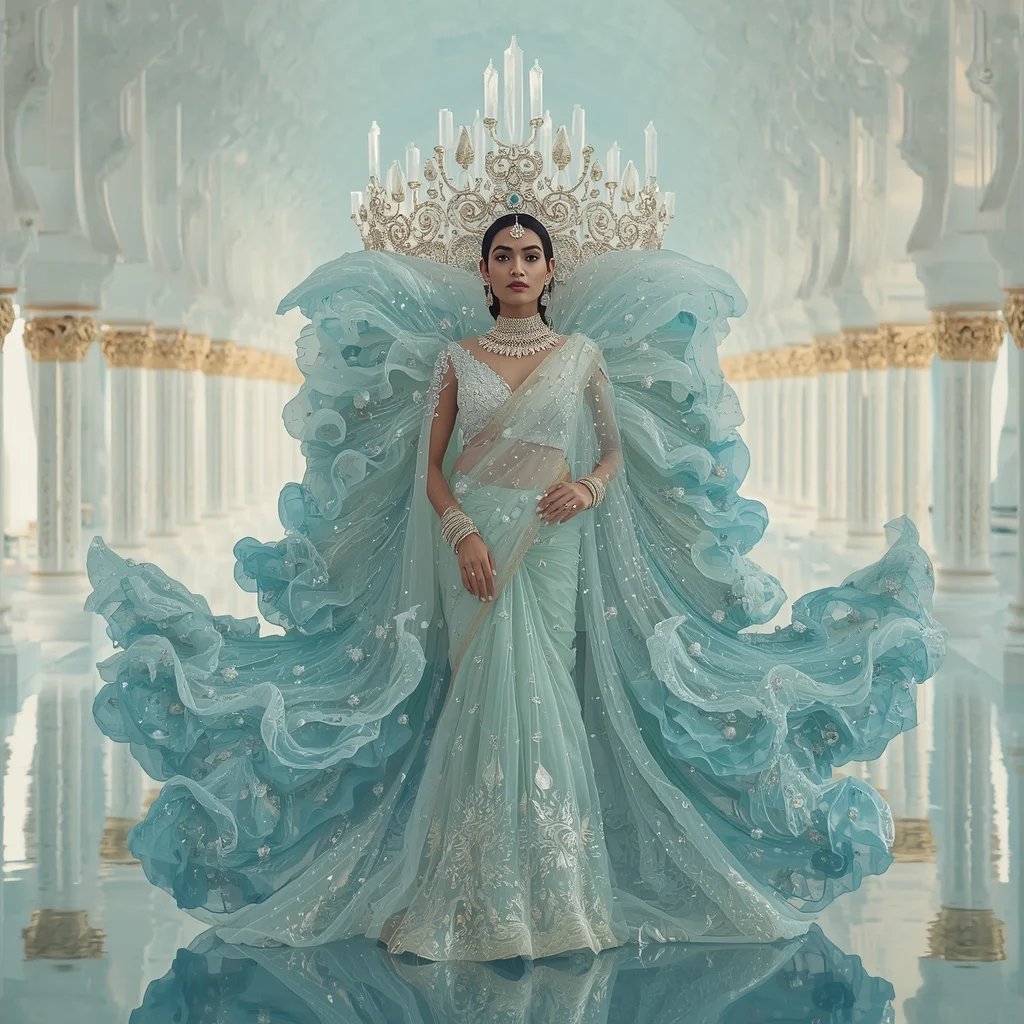 Giant Crystal Ocean Crown Saree with White Water Palace | Best Prompt For Traditional Look For Girl Chatgpt