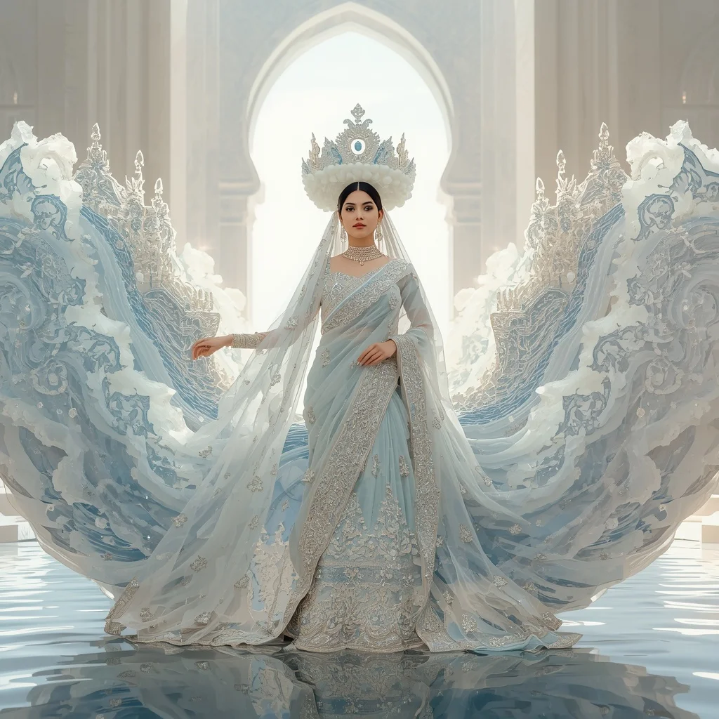 Giant Crystal Ocean Temple Crown Saree with White Water Fortress | Gemini Ai Photo Prompt