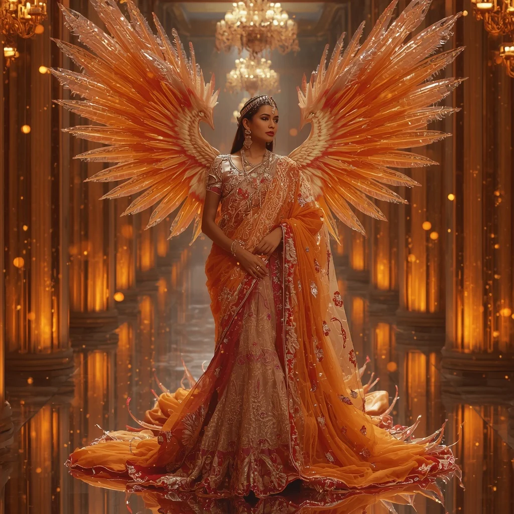 Giant Crystal Phoenix Cathedral Saree with Fire Reflection Kingdom | Stable Diffusion Prompt