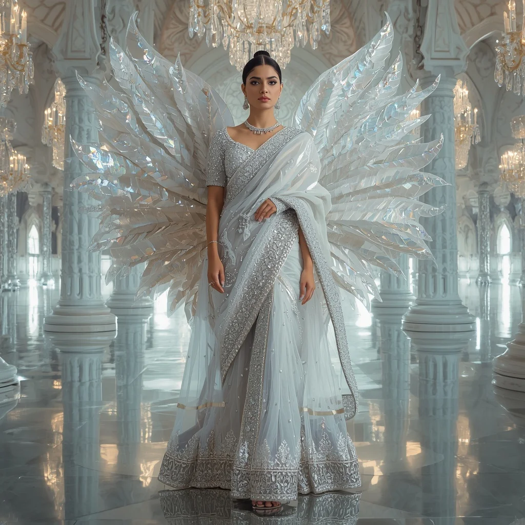 Giant Crystal Swan Cathedral Saree with Reflection Pearl Fortress | Trending Prompt Girls
