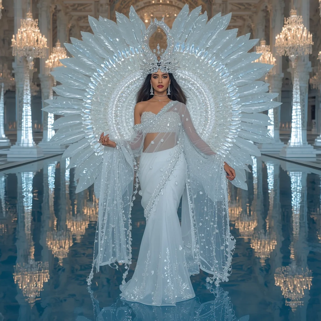 Giant Crystal Swan Palace Saree with Reflection Water Citadel | Instagram Story Ai Prompt
