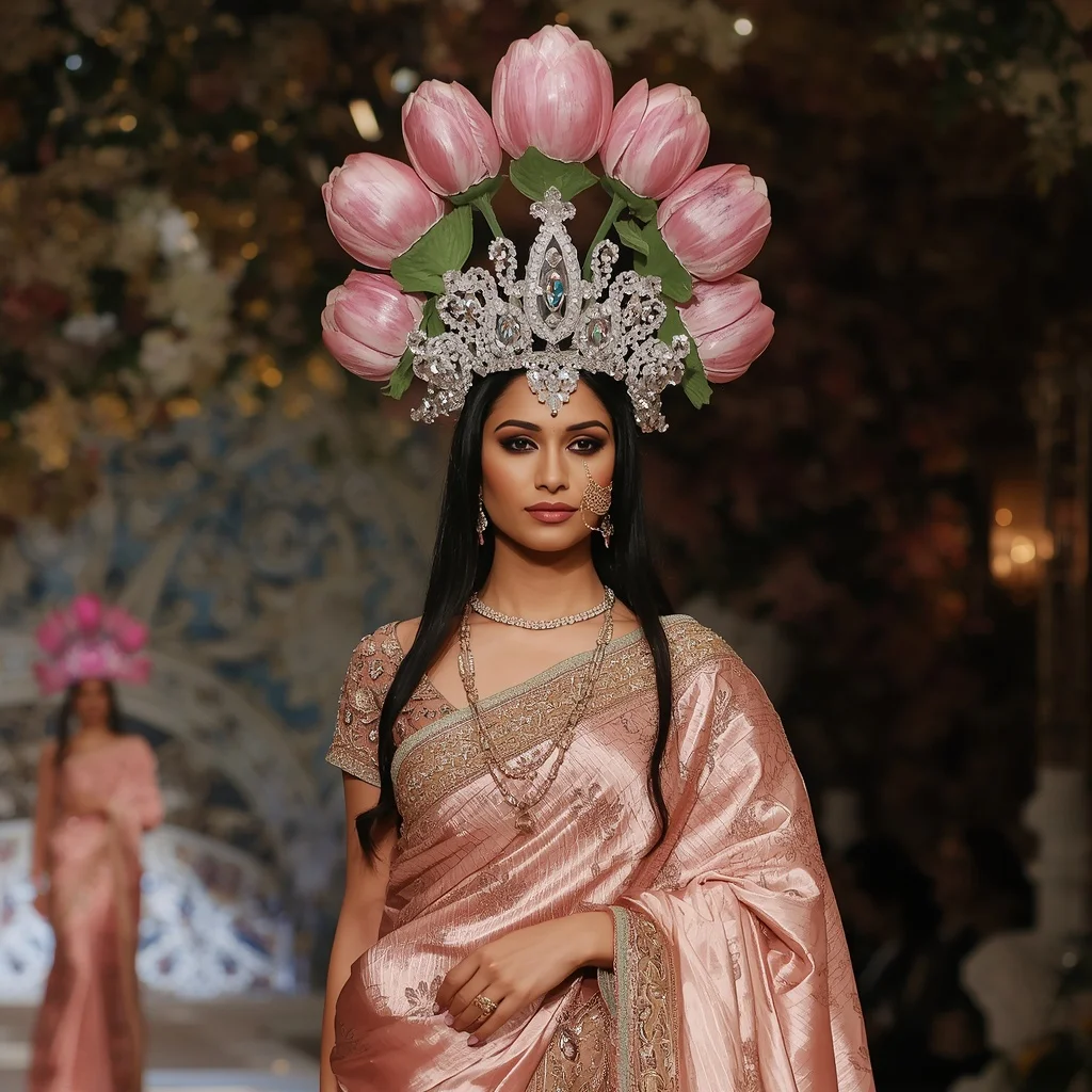 Giant Crystal Tulip Crown Saree with Luxury Floral Dome | Influencer Ai Prompt