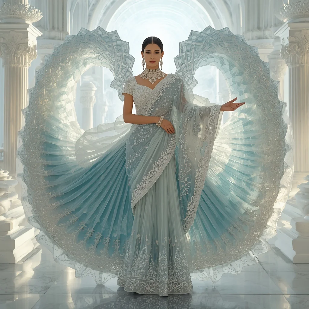 Giant Crystal Whirlpool Palace Saree with White Ocean Empire | Prompt Seen Gemini Girl Instagram