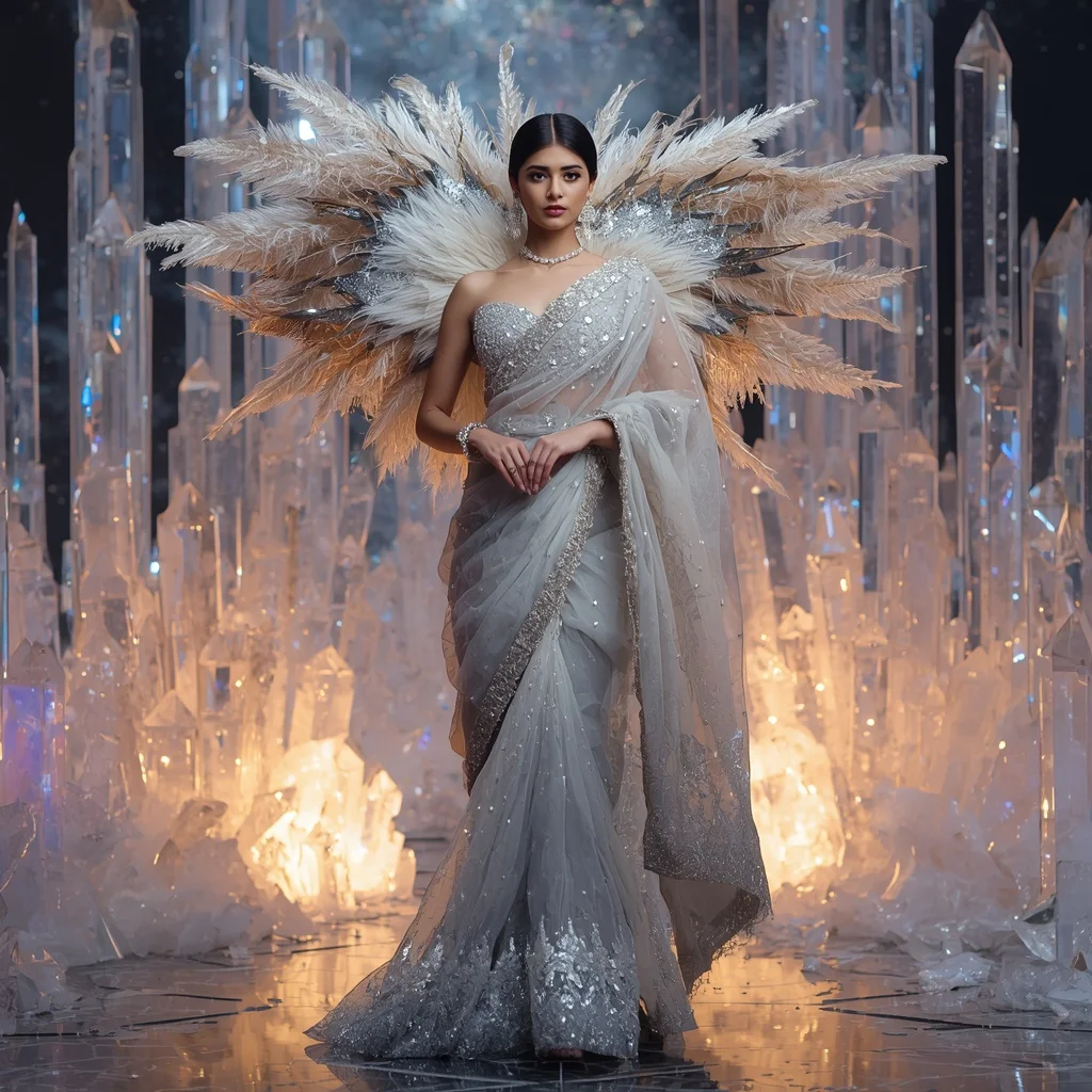 Giant Feather Diamond Galaxy Saree with Celestial Crystal Kingdom | Gemini Ai Photo Prompt Copy Paste