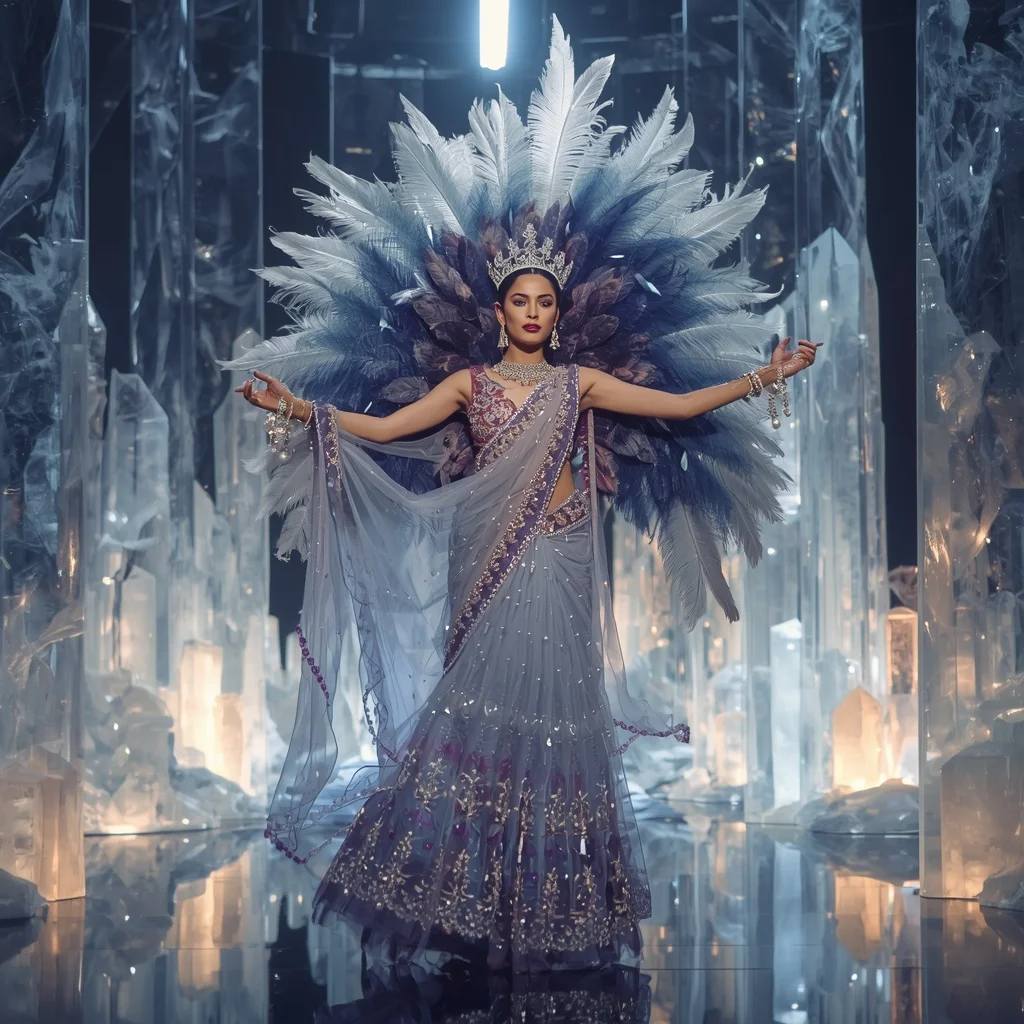 Giant Feather Nebula Crown Saree with Celestial Crystal Empire | Prompt Seen Trending Girl AI Photo