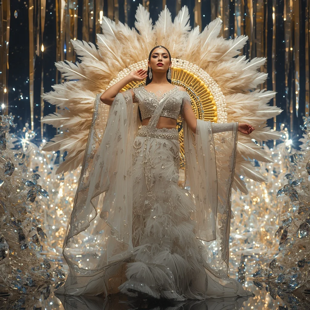Giant Feather Solar Throne Saree with Celestial Diamond Kingdom | Ai Gemini Prompt