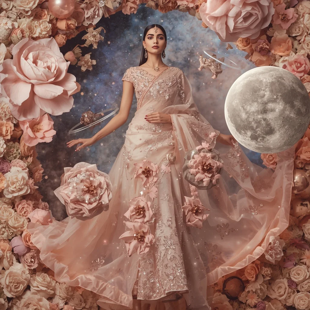 Giant Floating Camellia Moon Saree with Floral Galaxy Kingdom | Prompt Seen Girl Photo Editing ChatGPT