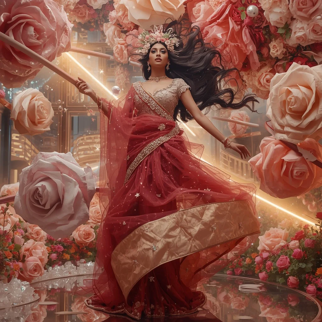 Giant Floating Rose Nebula Saree with Floral Universe Palace | Editing Prompt Girl Aesthetic
