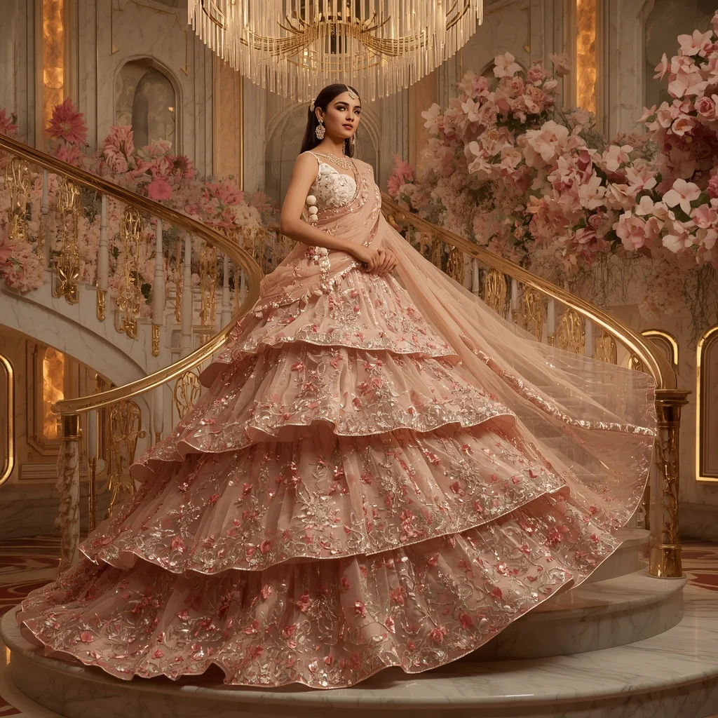 Giant Floral Staircase Saree with Luxury Blossom Palace | Prompt For Gemini AI Girl Model