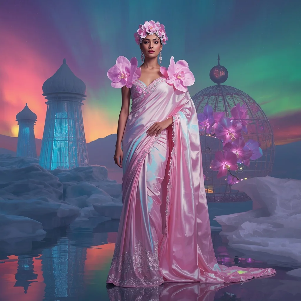 Giant Luxury Crystal Aurora Orchid Palace Saree with Polar Floral Kingdom | Ai Gemini Photo Prompt