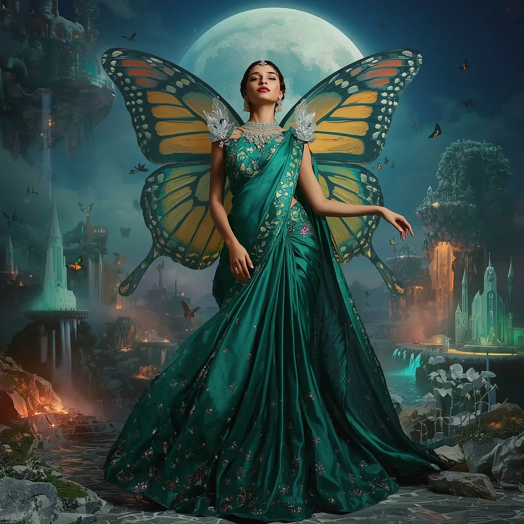 Giant Luxury Crystal Butterfly Moon Palace Saree with Floating Paradise Capital | Prompt AI For Girl