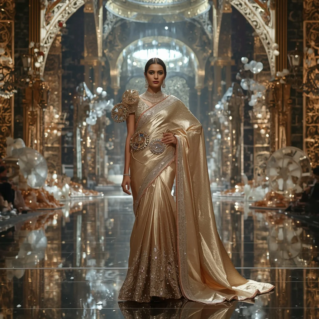 Giant Luxury Crystal Clockwork Palace Saree with Mechanical Fantasy Empire | New Instagram Trend Prompt For Girl