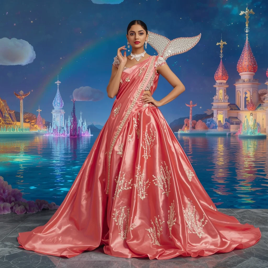 Giant Luxury Crystal Coral Whale Palace Saree with Rainbow Ocean Kingdom | Hd Image Prompt