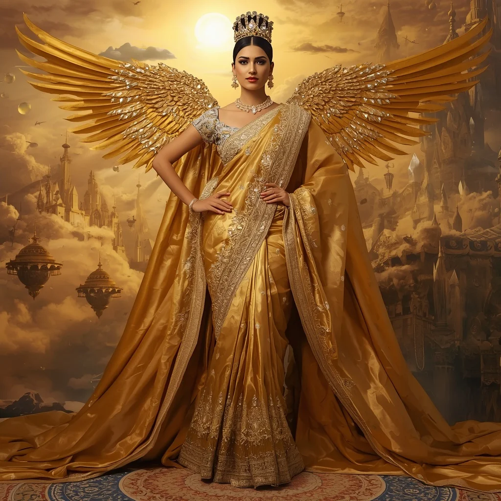 Giant Luxury Crystal Eagle Empress Saree with Golden Sky Citadel | 4k Ai Prompt