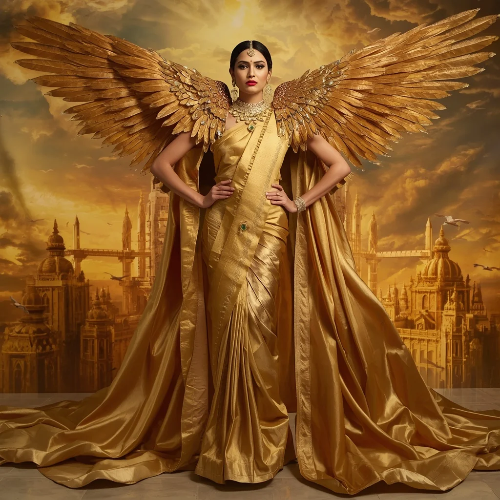 Giant Luxury Crystal Falcon Queen Saree with Golden Sky Throne Empire | New Instagram Trend Prompt For Girl Love
