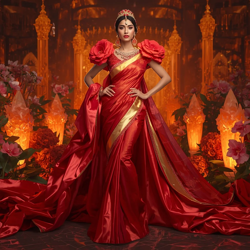 Giant Luxury Crystal Fire Camellia Saree with Ember Garden Kingdom | Grok Ai Prompt