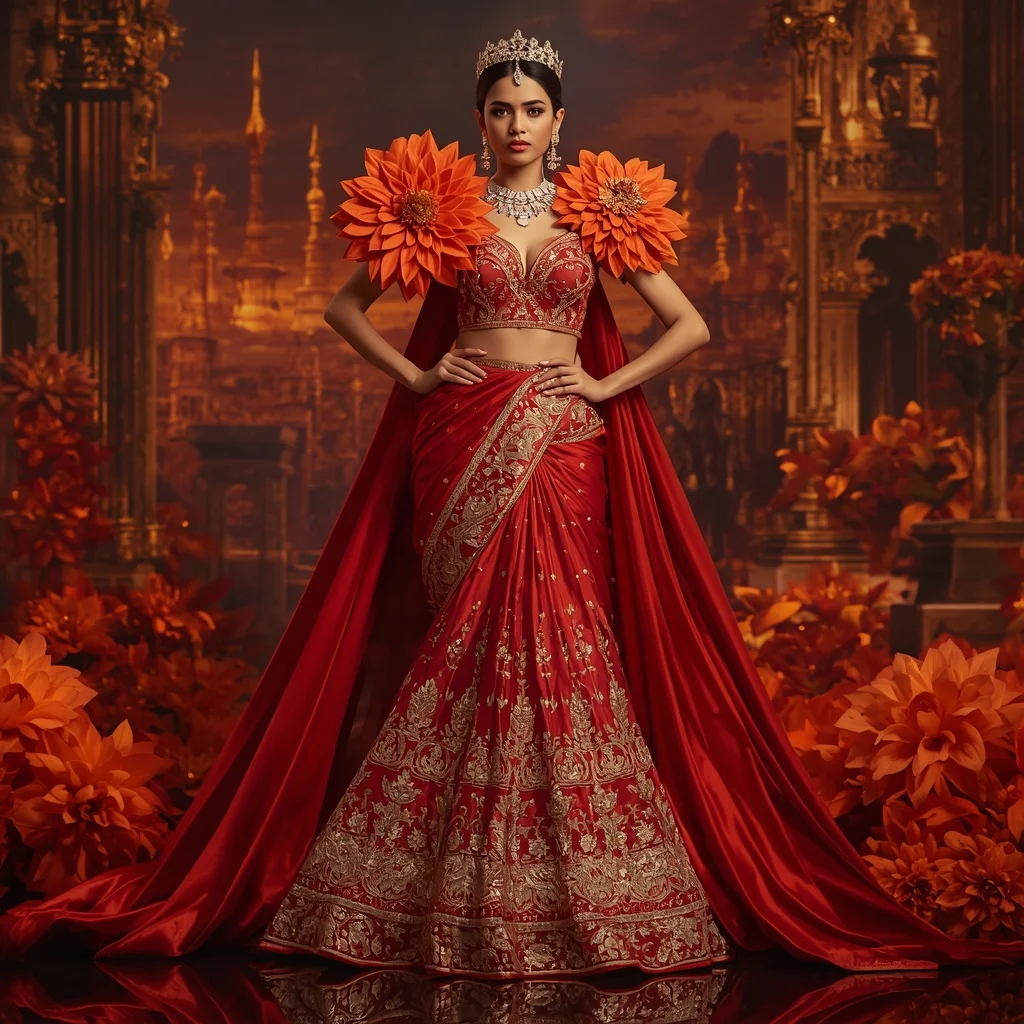 Giant Luxury Crystal Fire Dahlia Palace Saree with Ember Bloom Empire | Art Ai Prompt