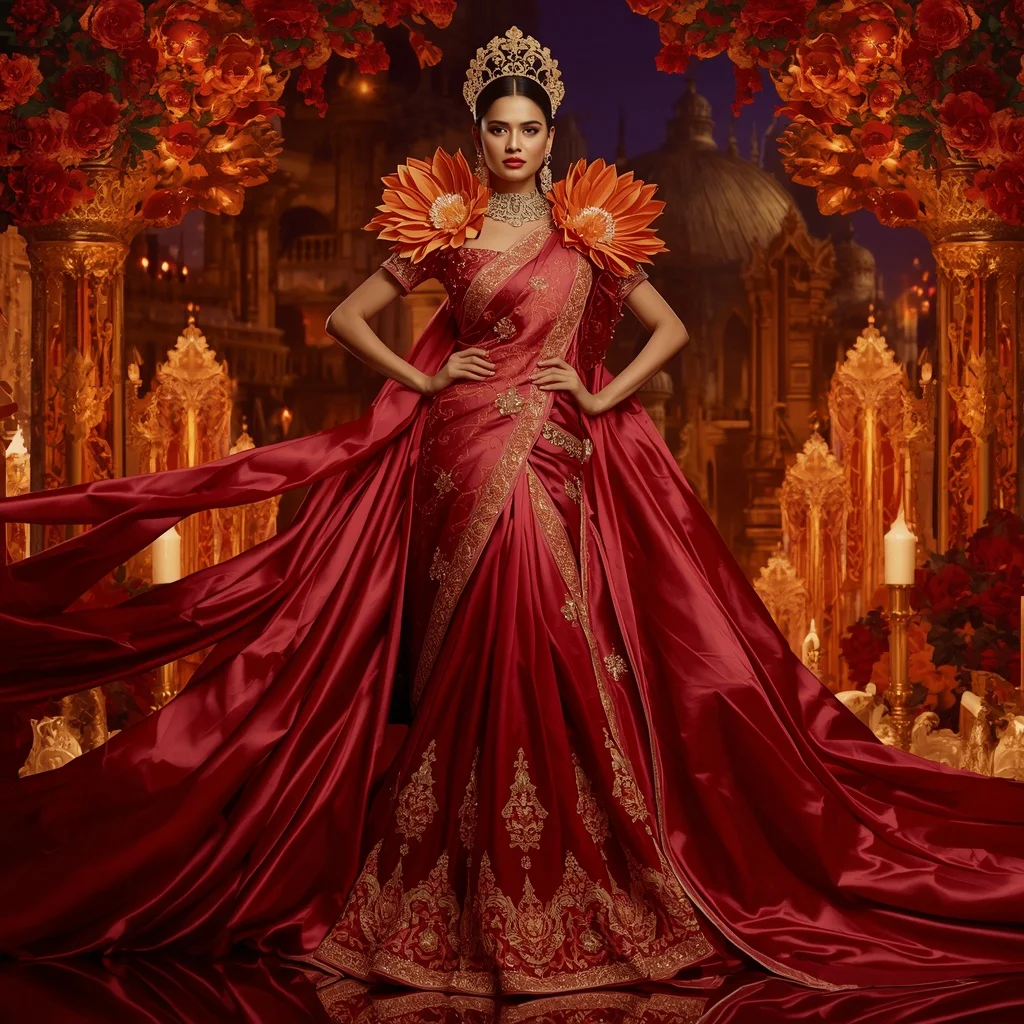 Giant Luxury Crystal Fire Dahlia Palace Saree with Ember Bloom Empire | Trending Prompt Girls