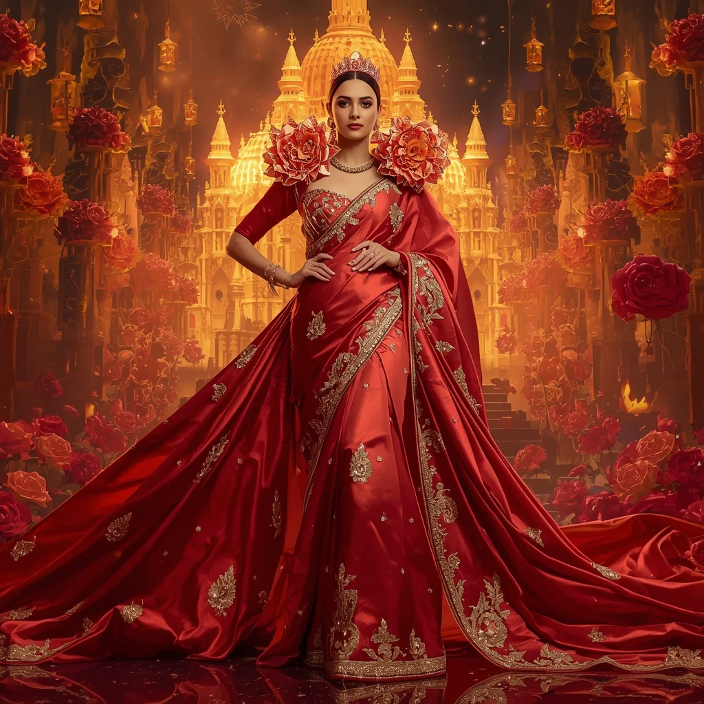 Giant Luxury Crystal Fire Rose Cathedral Saree with Ember Festival Dynasty | Prompt Trending Girl 2026