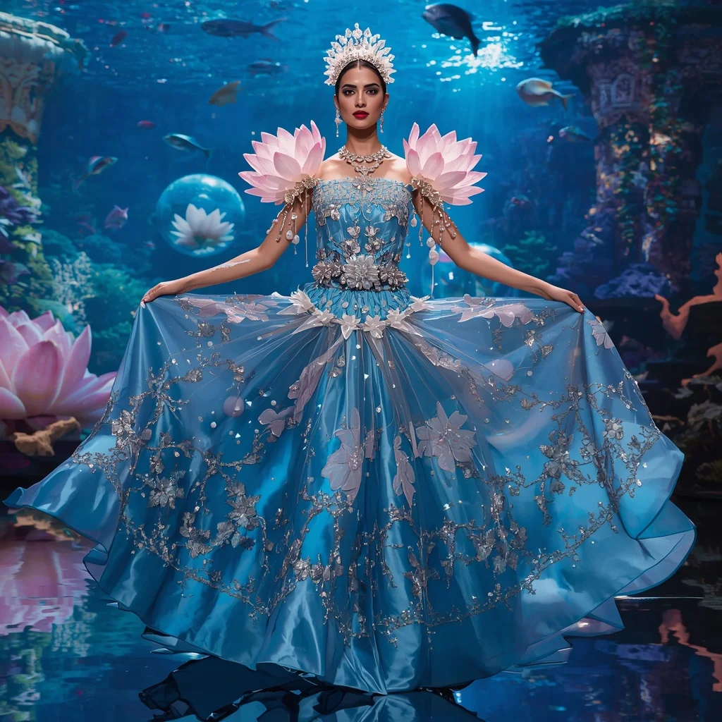 Giant Luxury Crystal Floating Lotus Aquarium Saree with Sapphire Water Empire | Prompt Seen Girl
