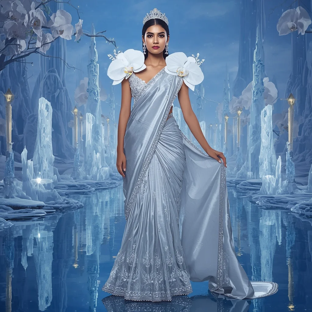 Giant Luxury Crystal Glacier Orchid Fortress Saree with Frozen Reflection Dynasty | New Design Ai Prompt