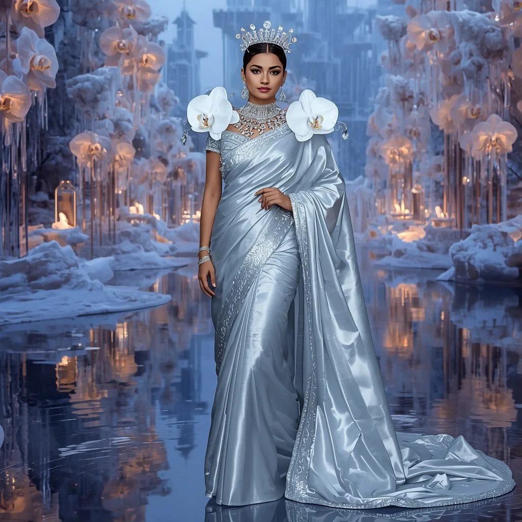 Giant Luxury Crystal Glacier Orchid Palace Saree with Frozen Reflection Dynasty | Banana Prompts Girls