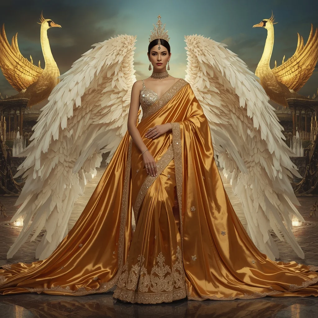 Giant Luxury Crystal Golden Swan Fortress Saree with Celestial Royal Capital | Ai Portrait Prompt