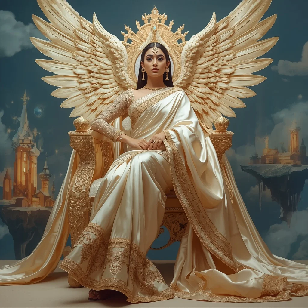 Giant Luxury Crystal Griffin Throne Saree with Celestial Sky Empire | Girls Trending Prompt Gemini Instagram