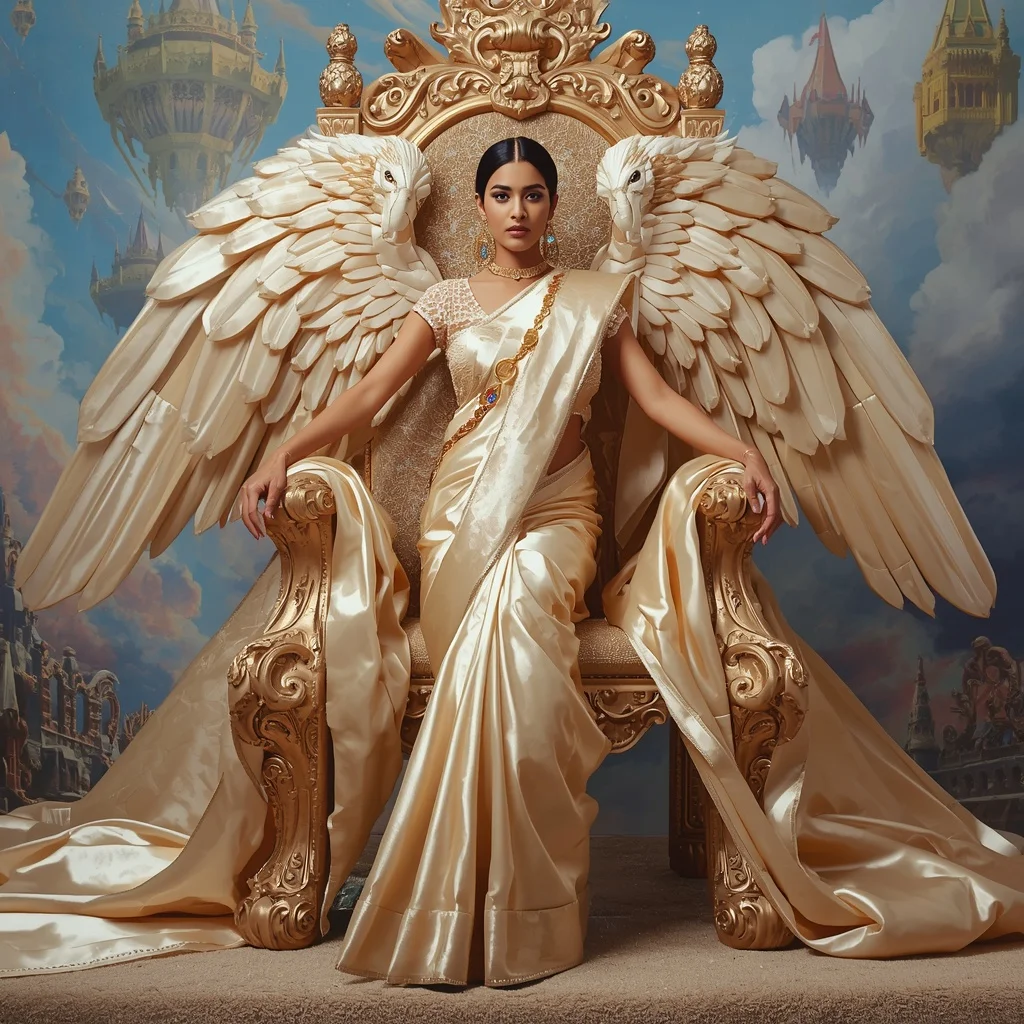 Giant Luxury Crystal Griffin Throne Saree with Celestial Sky Empire | Profile Picture Ai Prompt