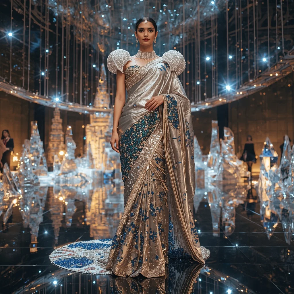 Giant Luxury Crystal Infinity Bridge Saree with Floating Sky Metropolis | Prompt Seen Girl Lehenga
