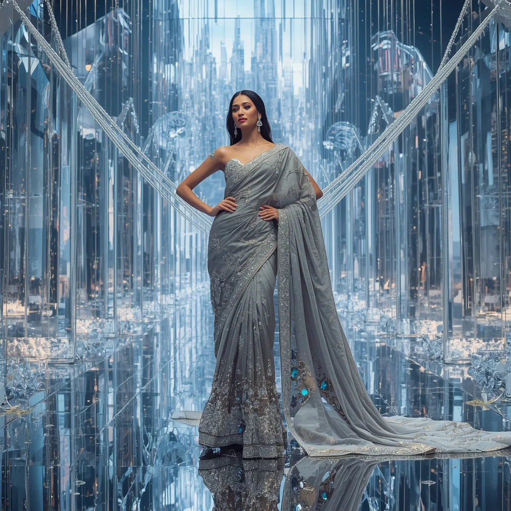 Giant Luxury Crystal Infinity Bridge Saree with Floating Sky Metropolis | New Instagram Trend Prompt For Girl And Boy Aesthetic