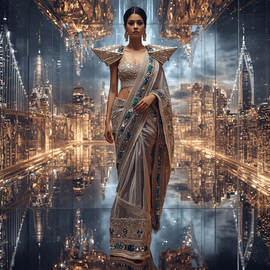 Giant Luxury Crystal Infinity Bridge Saree with Floating Sky Metropolis | Prompt Seen Girl Photo Editing ChatGPT