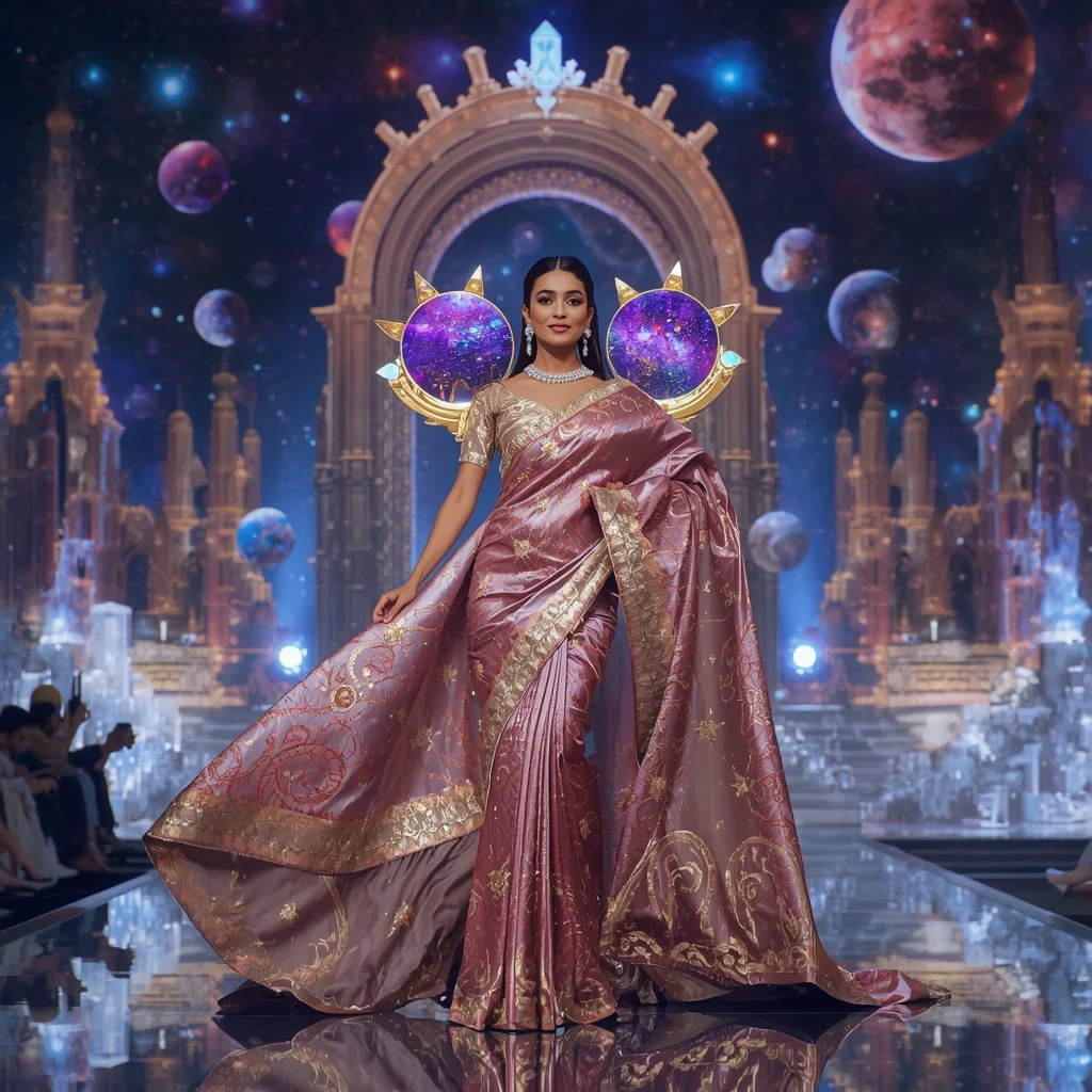 Giant Luxury Crystal Infinity Galaxy Gate Saree with Cosmic Crown Metropolis | Fantasy Ai Prompt