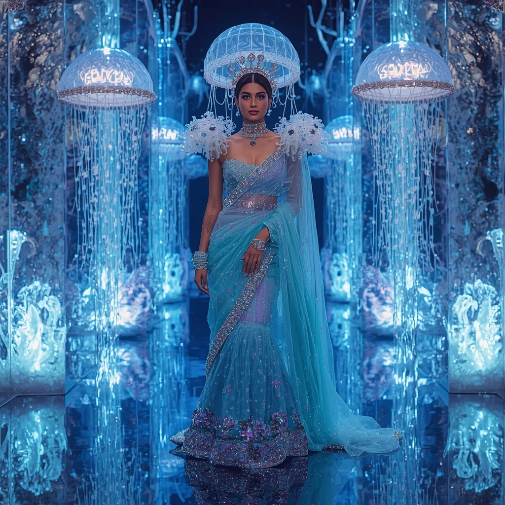 Giant Luxury Crystal Jellyfish Crown Saree with Bioluminescent Ocean Palace | Prompt For Gemini AI Girl Model