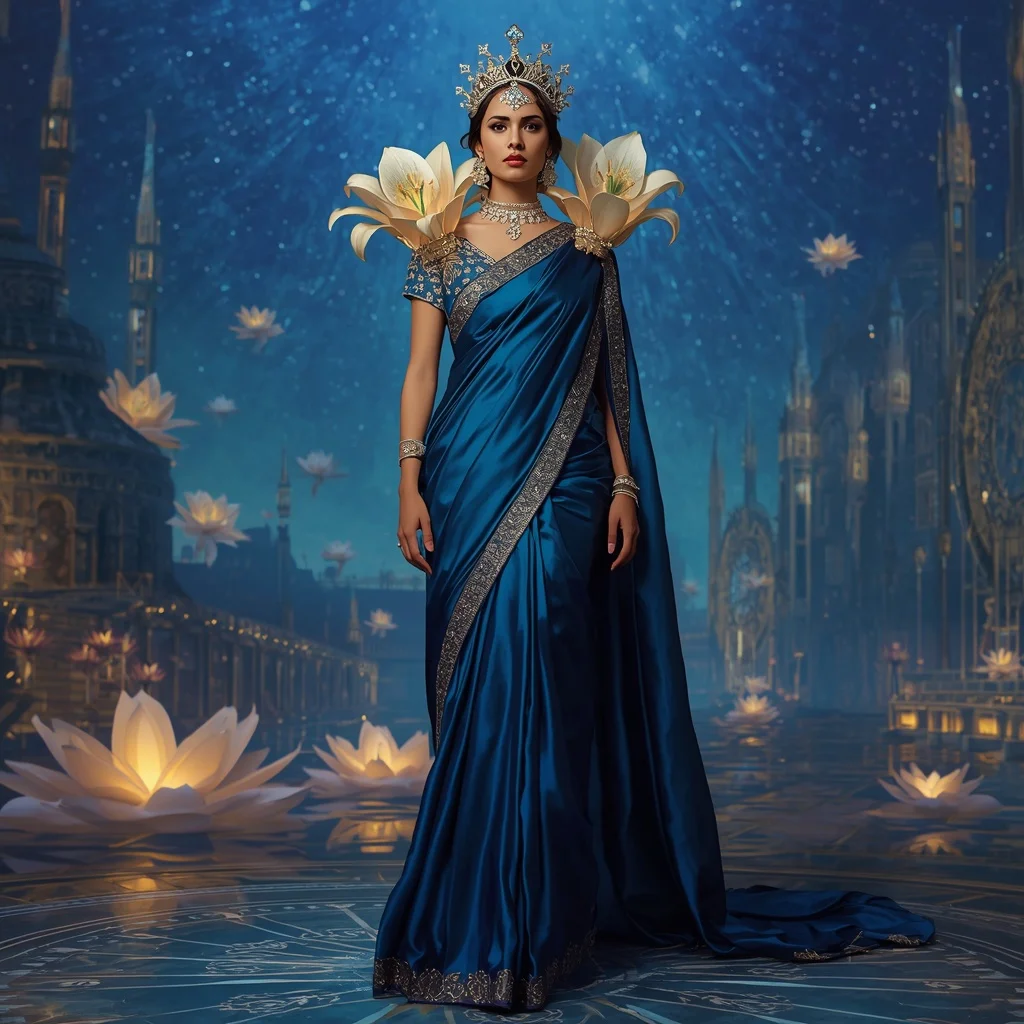 Giant Luxury Crystal Lily Observatory Saree with Sapphire Star Empire | Ai Girl Image Prompt