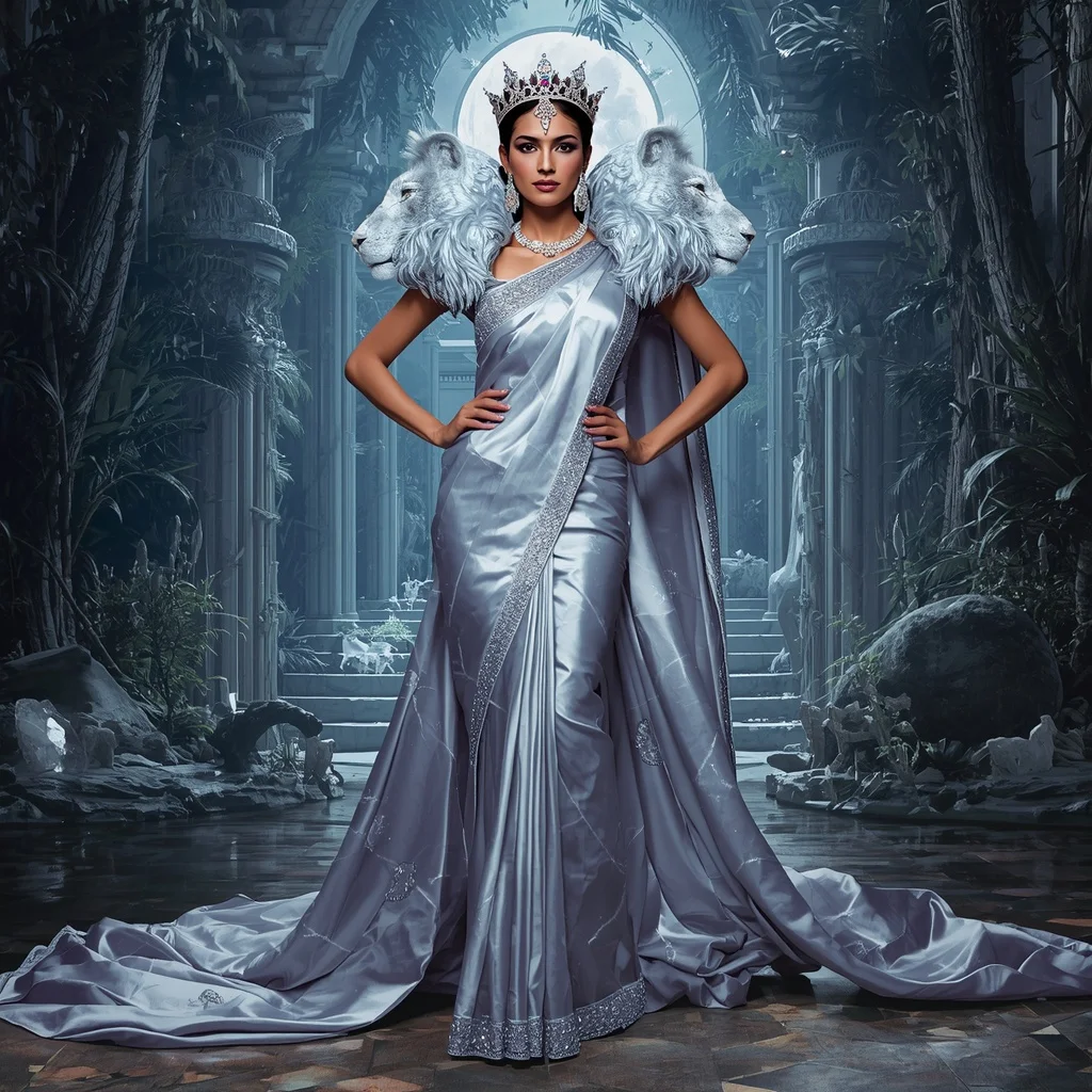 Giant Luxury Crystal Moon Lioness Saree with Silver Royal Jungle Kingdom | Easy Ai Prompt