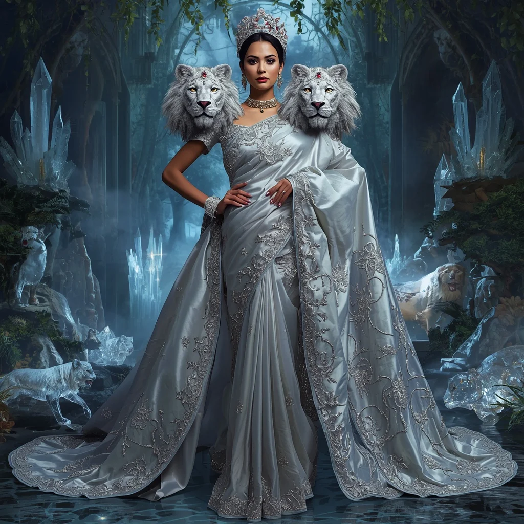 Giant Luxury Crystal Moon Lioness Saree with Silver Royal Jungle Kingdom | Prompt Seen Trending Girl AI Photo