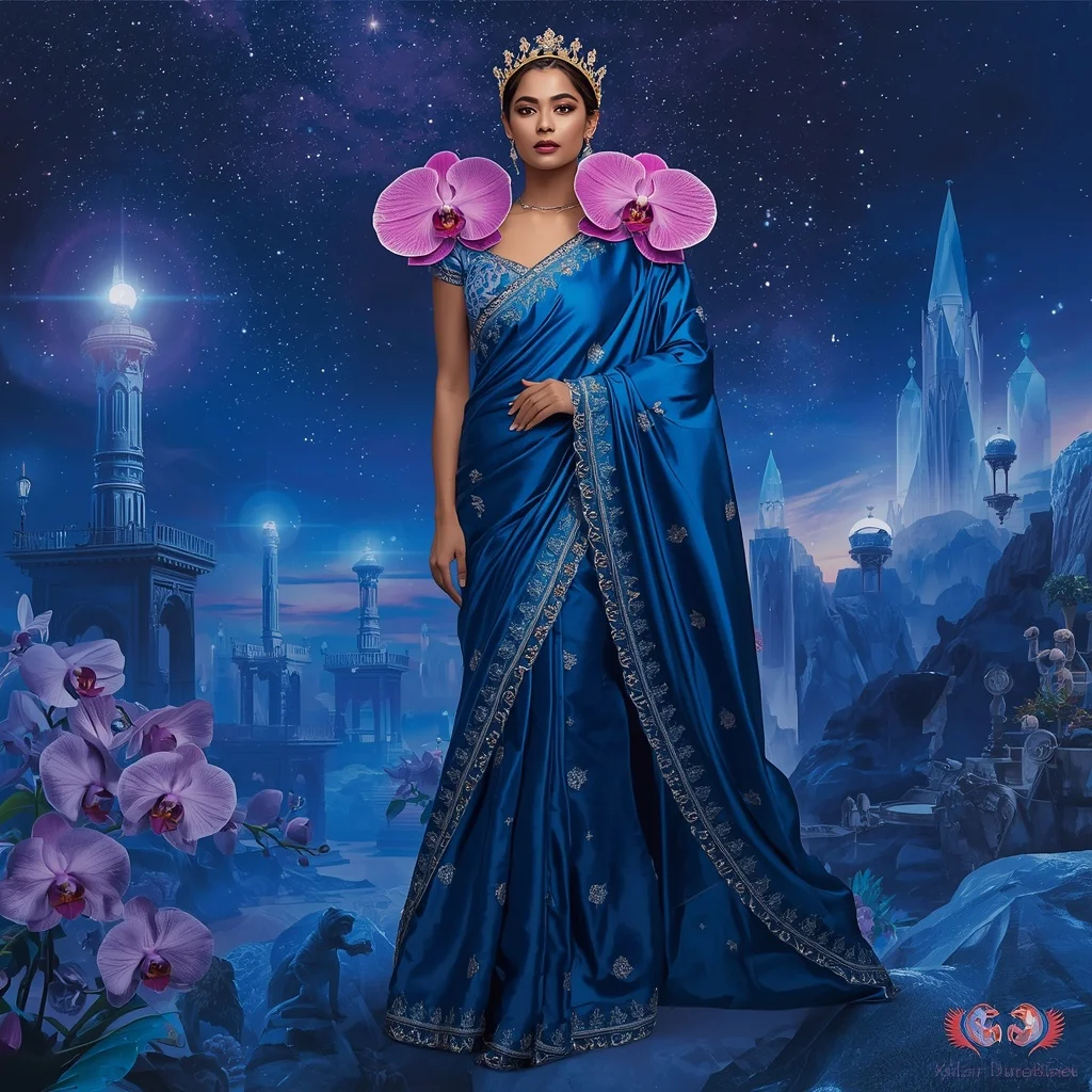 Giant Luxury Crystal Orchid Observatory Saree with Sapphire Star Kingdom | Profile Picture Ai Prompt
