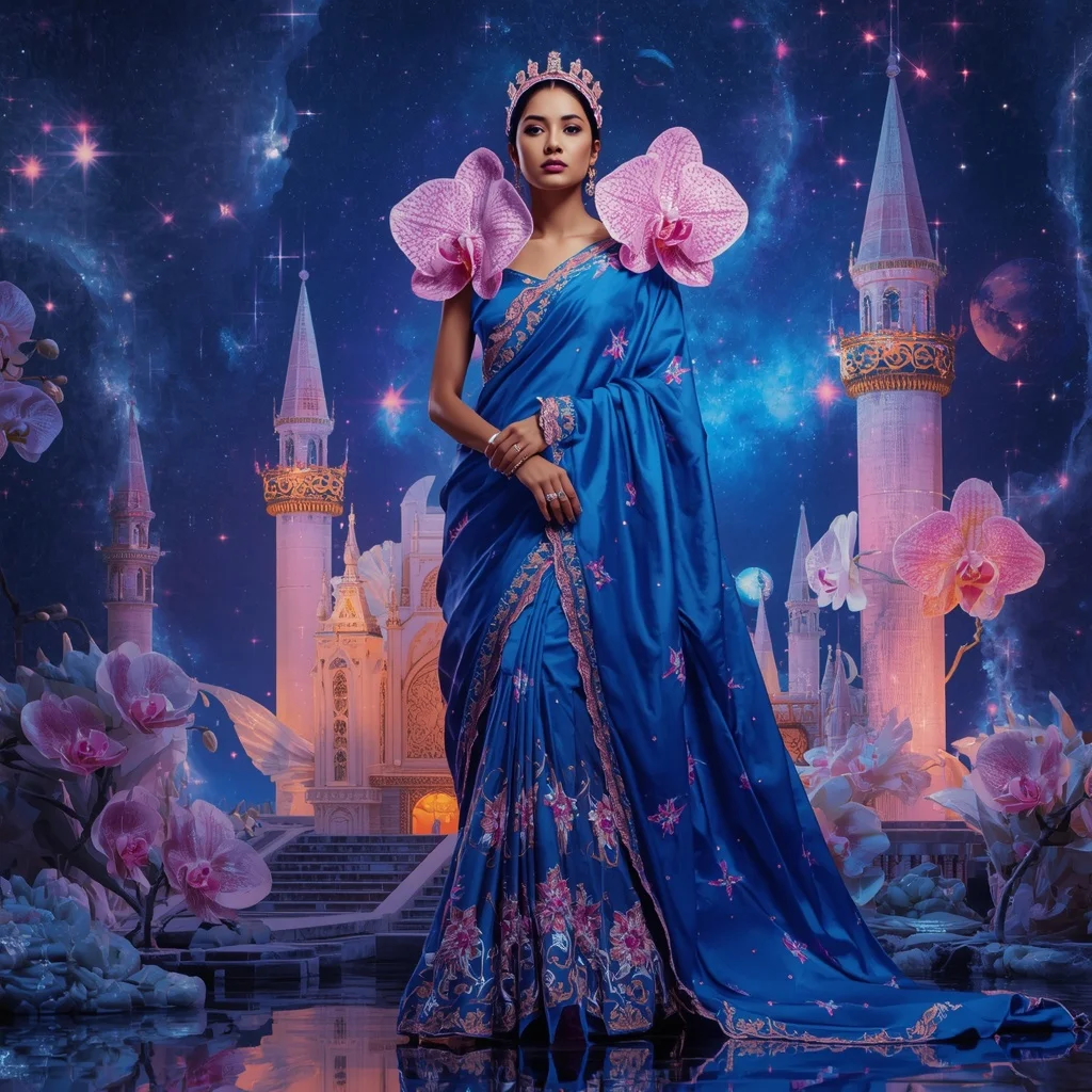 Giant Luxury Crystal Orchid Star Fortress Saree with Sapphire Cosmic Empire | Fitness Model Ai Prompt