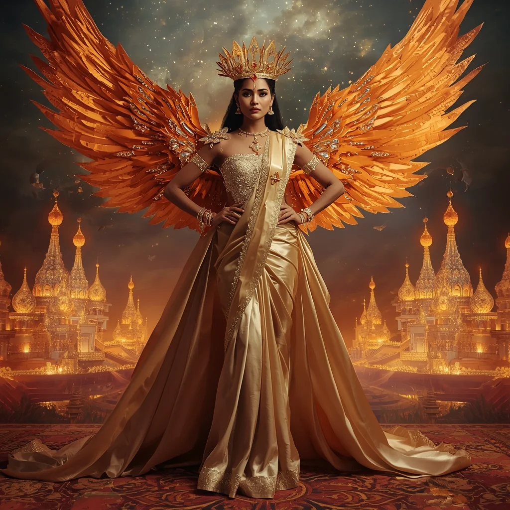 Giant Luxury Crystal Phoenix Crown Saree with Celestial Fire Dominion | Prompt For Gemini AI Girl Style Trending Indian