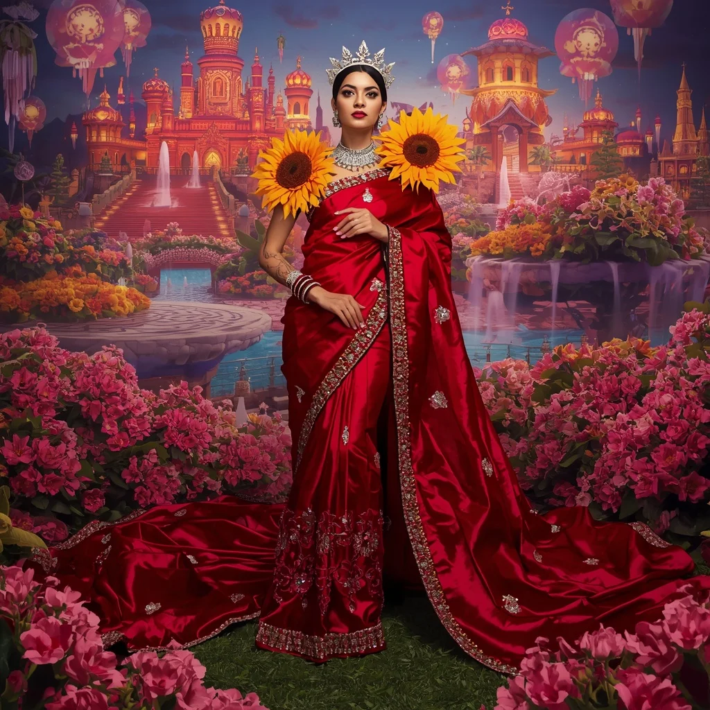 Giant Luxury Crystal Ruby Sunflower Palace Saree with Bloom Festival Capital | Instagram Reel Ai Prompt