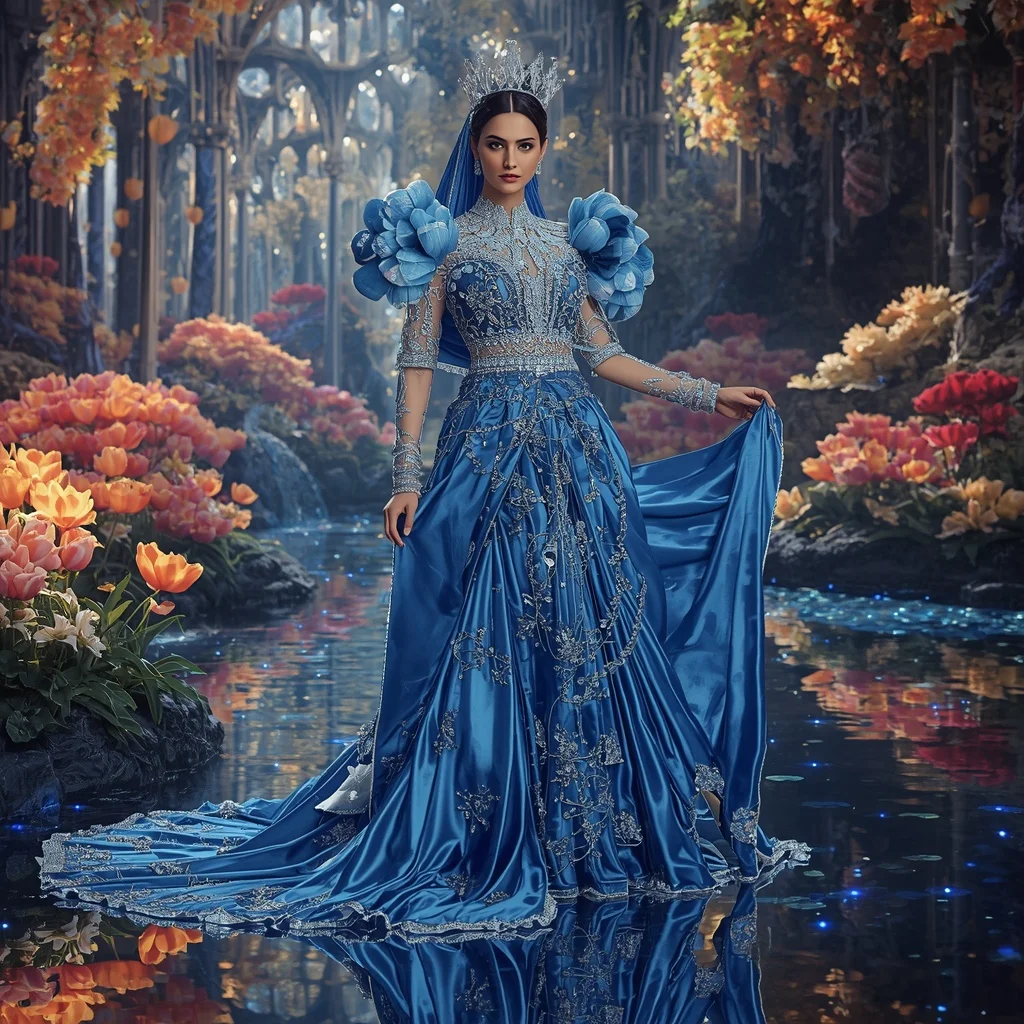 Giant Luxury Crystal Sapphire Tulip Cathedral Saree with Reflection Bloom Dynasty | Ai Video Generator Prompt