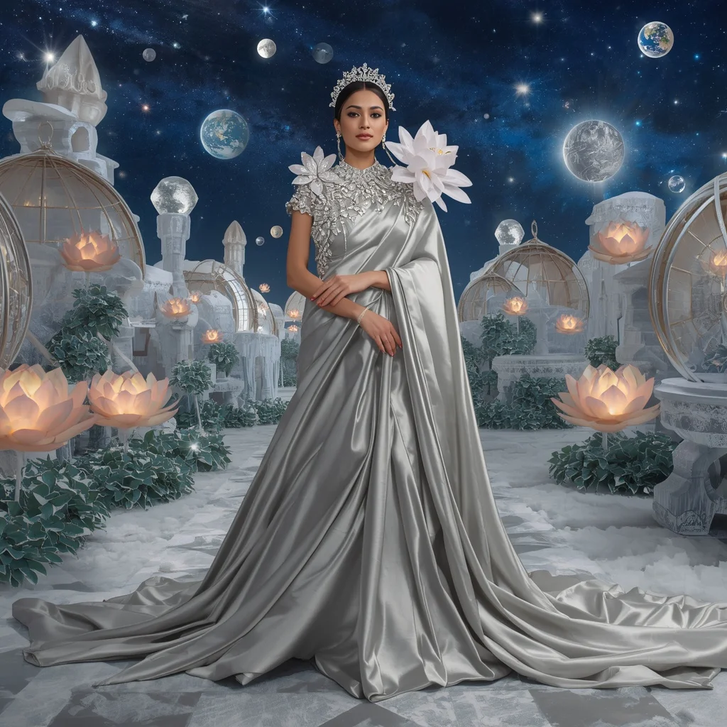Giant Luxury Crystal Silver Lotus Planetarium Saree with Frozen Star Kingdom | Prompt Seen Girl Photo Editing Trending