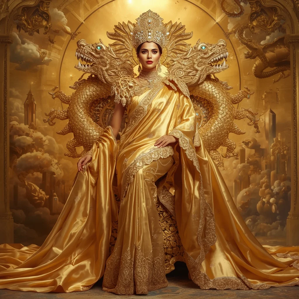 Giant Luxury Crystal Solar Dragon Throne Saree with Golden Celestial Dominion | Prompt Ai For Girl Aesthetic