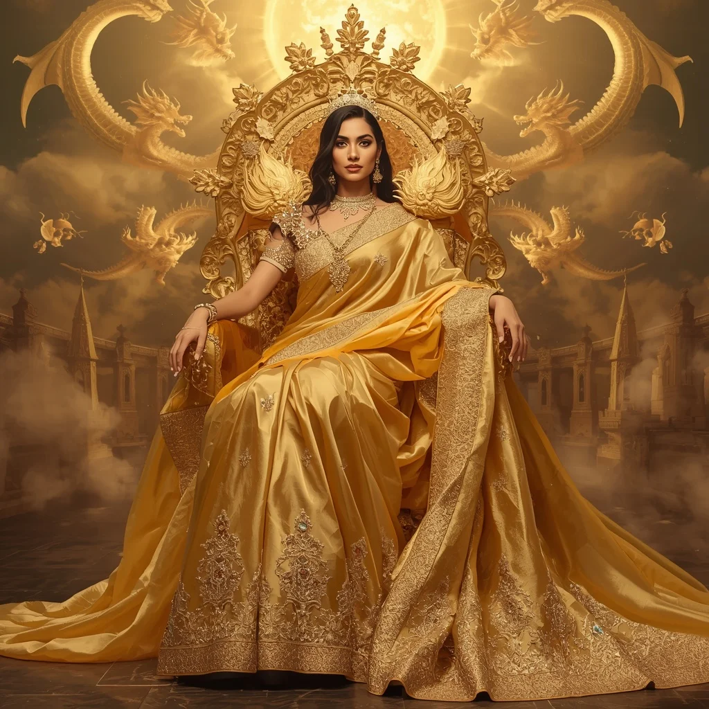 Giant Luxury Crystal Solar Dragon Throne Saree with Golden Celestial Dominion | Gemini Ai Photo Prompt Copy Paste