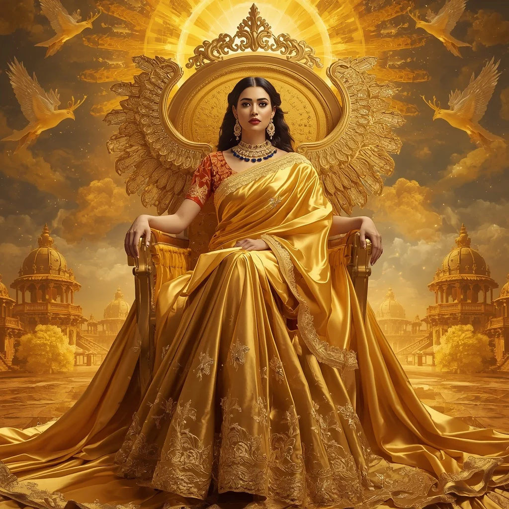 Giant Luxury Crystal Solar Griffin Throne Saree with Golden Celestial Empire | Prompt Image