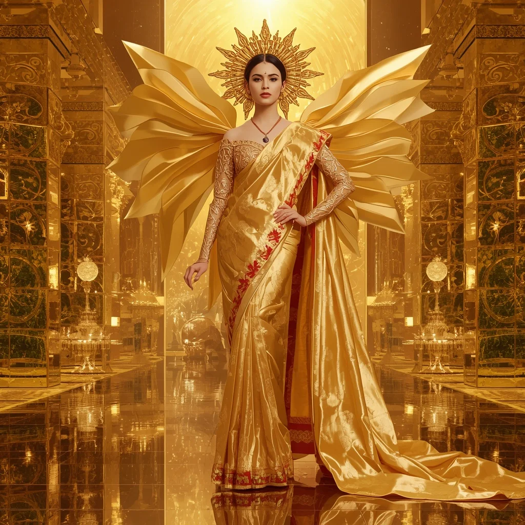 Giant Luxury Crystal Sun Palace Saree with Golden Reflection Realm | Bridal Ai Prompt