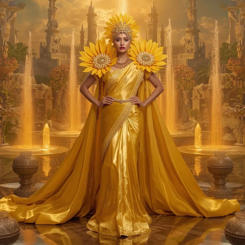 Giant Luxury Crystal Sunflower Fortress Saree with Golden Bloom Dominion | Instagram Influencer Ai Prompt
